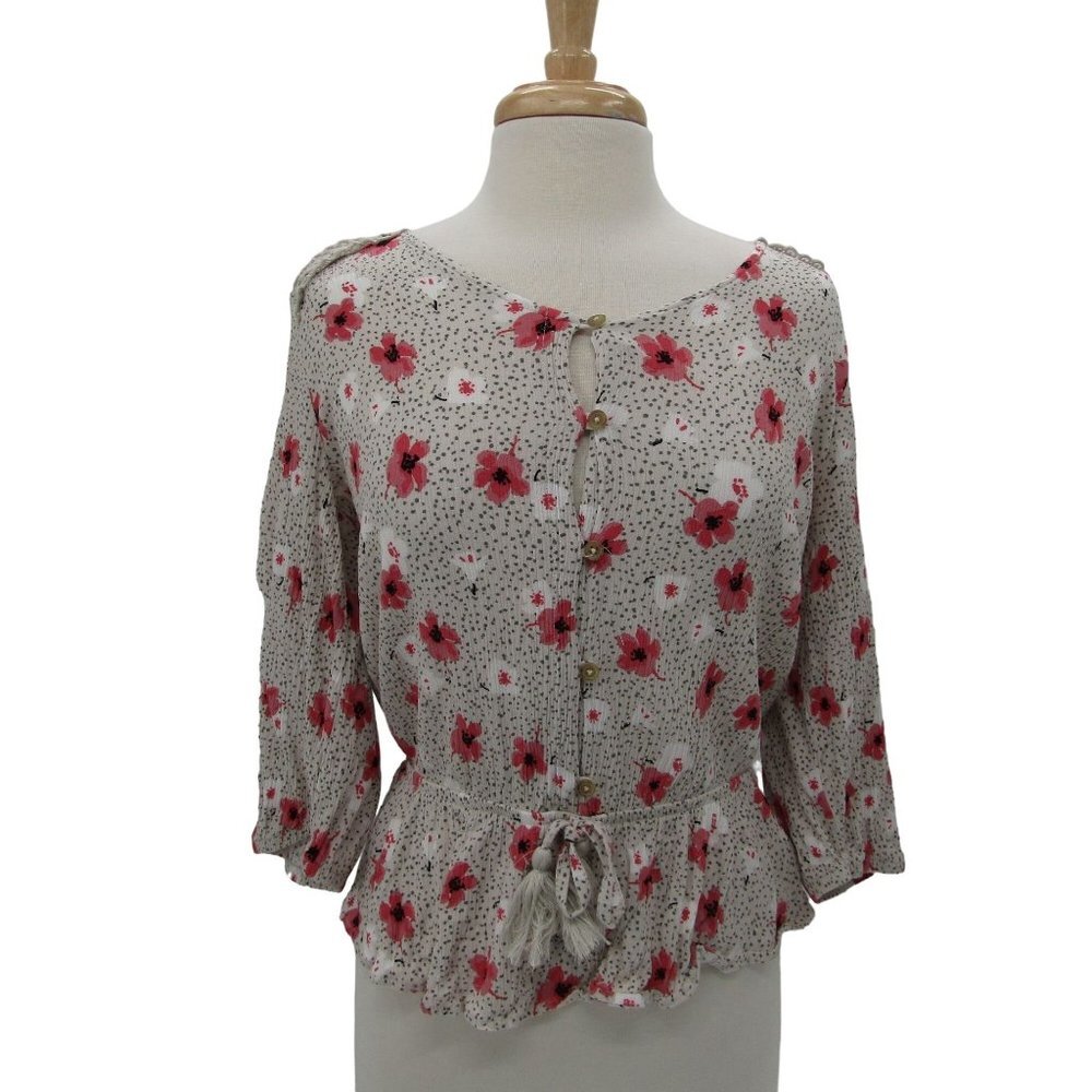 Angels Womens 3/4 Sleeve Button Front Floral Peplum Blouse Top XL Casual Rayon